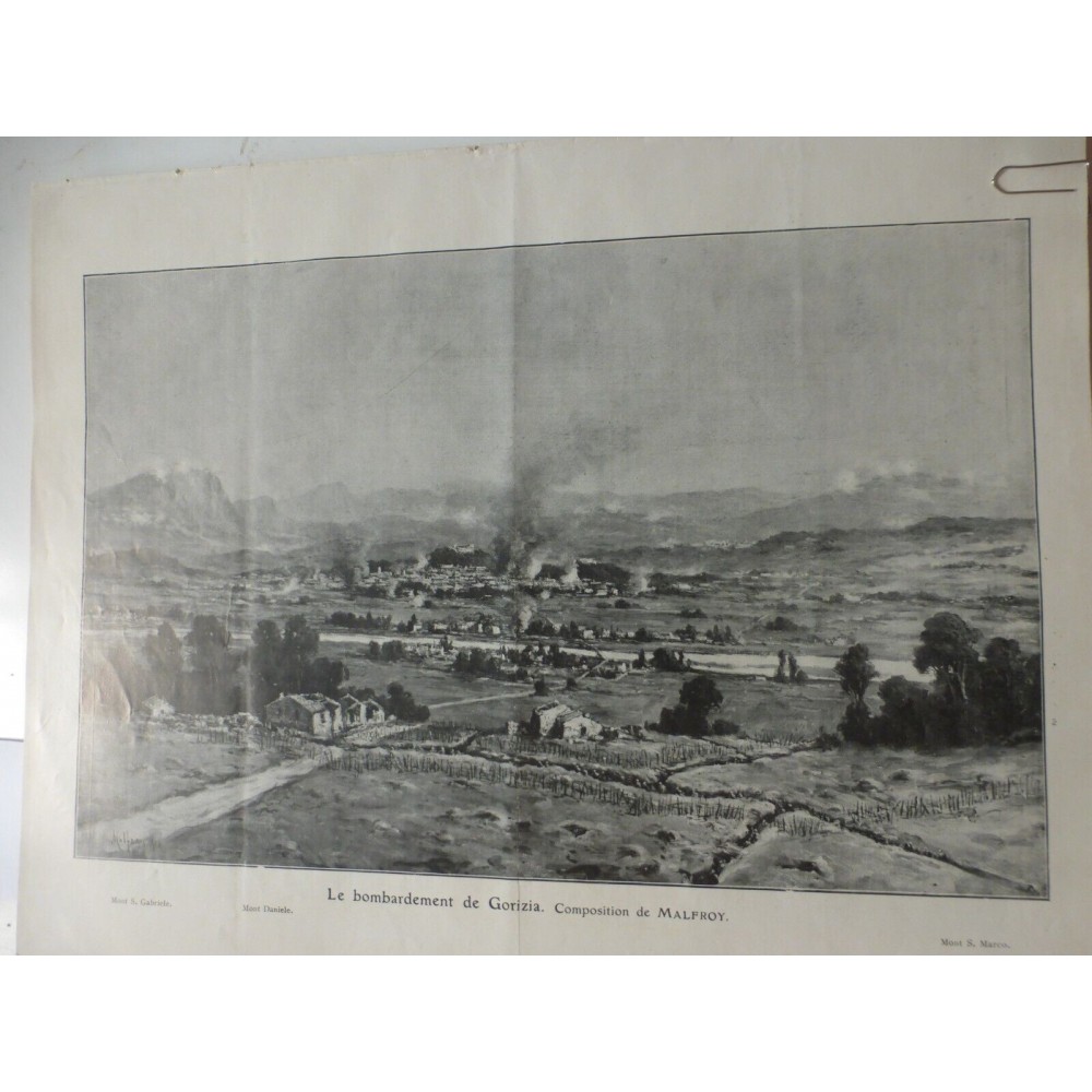 1918 DESSIN MALFROY TABLEAU BOMBARDEMENT DE GORIZIA MONTS GABRIELE DANIELE