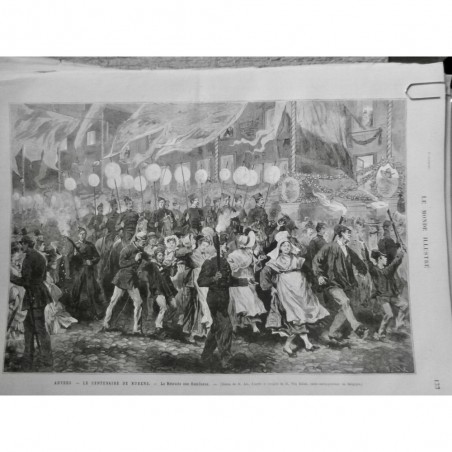 1877 MI ANVERS CENTENAIRE RUBENS RETRAITE FLAMBEAUX ORIFLAMME BANDEROLLE FETE