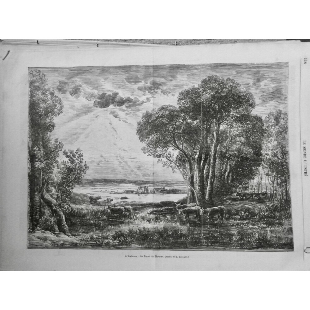 1868 MI AUTOMNE BORD MORVAN TROUPEAU BOEUF HERBE BOIS DESSIN DAUBIGNY