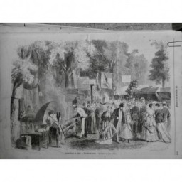 1868 MI PARIS FETE LOGES CUISINE EXTERIEURE CUISINIER ROTISSOIRE POULET FOULE