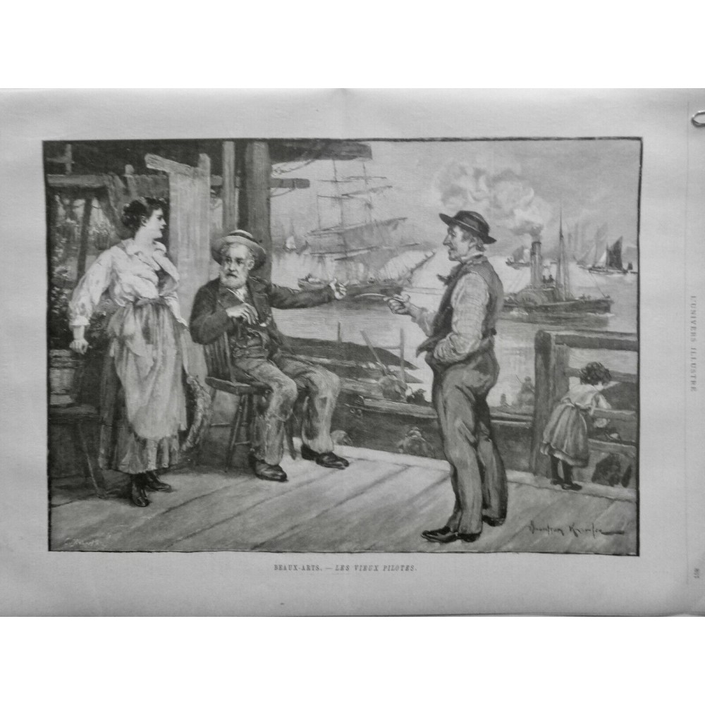 1896 UI VIEUX PILOTE DISCUTION BATEAU VOILE VAPEUR PIPE FUMER JEUNE FILLE