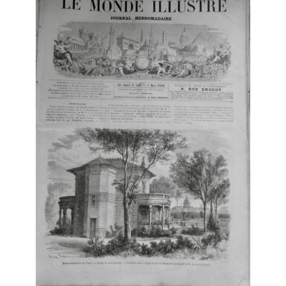 1868 MI PARIS EMBELLISSEMENT JARDIN LUXEMBOURG PAVILLON CAFE BATIMENT