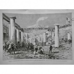 1879 MI ITALIE POMPEI FOUILLES RUINESCOLONNES VOLCAN VESUVE FUMEE DESSIN HAENEN