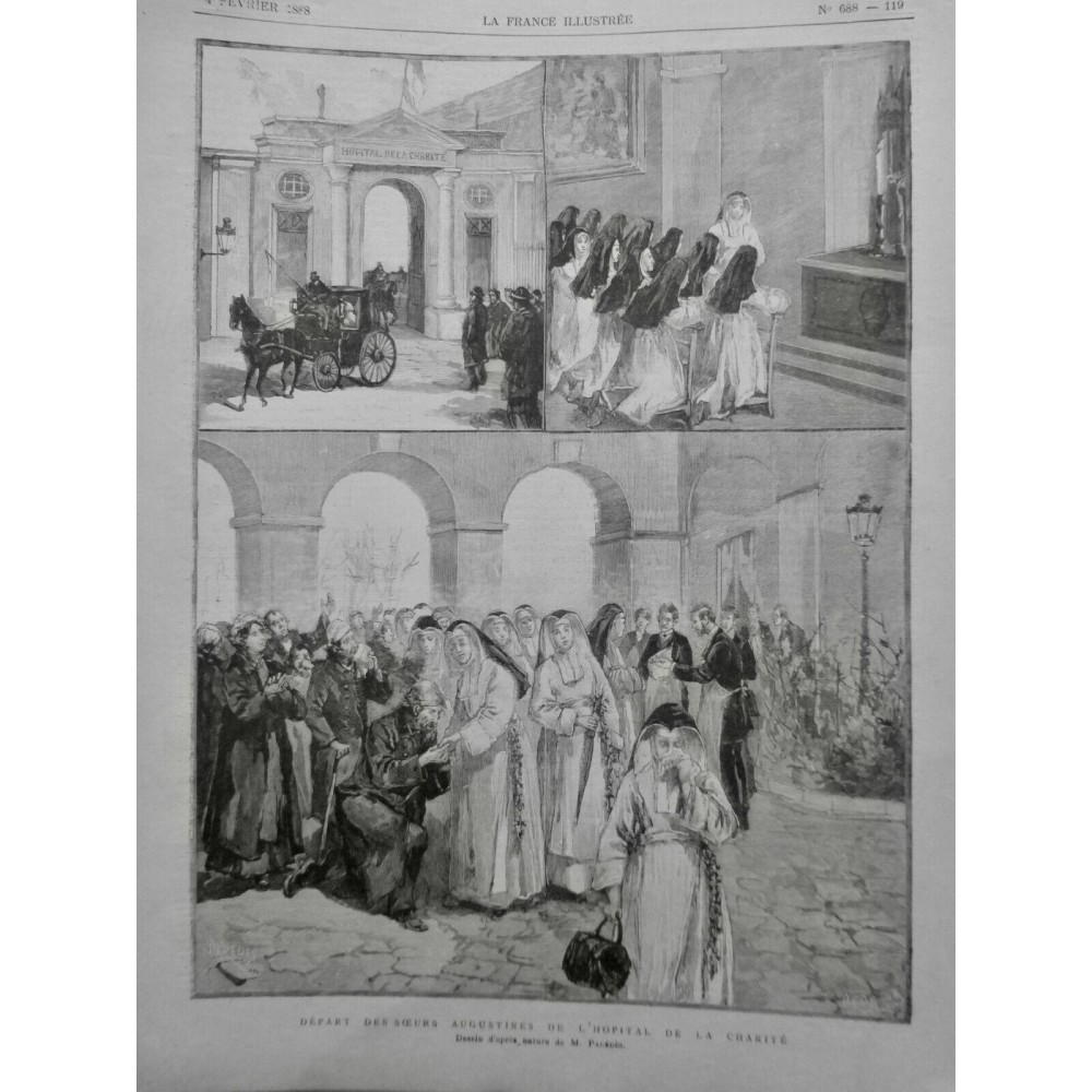 1888 FI SOEURS AUGUSTINES HOPITAL CHARITÉ DEPART PLEURS MOUCHOIR DESSIN PAREDES