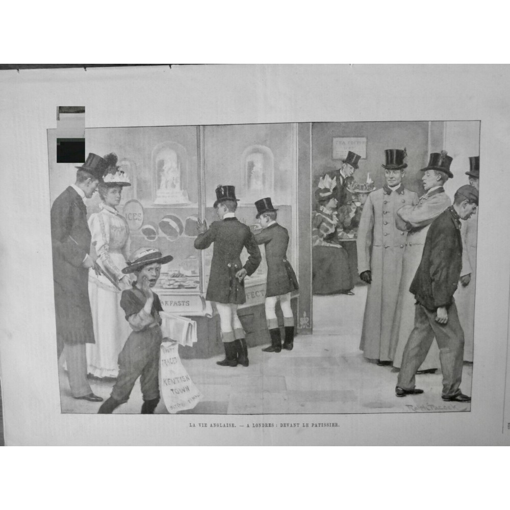 1894 UI LONDRES VIE MOEURS VITRINE PATISSIER GATEAU ENFANT VENDEUR JOURNAUX