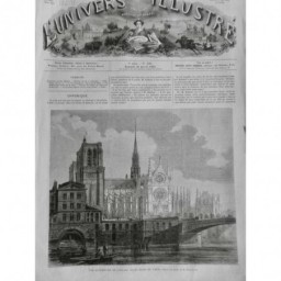 1864 UI NOTRE DAME PARIS VUE EXTERIEURE EGLISE FLECHE ROSACES SEINE