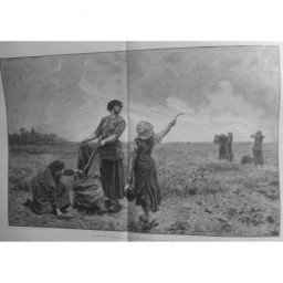 1888 MI FIN TRAVAIL CHAMPS FAMILLE RECOLTE SAC TABLEAU BRETON BURIN LANGEVAL