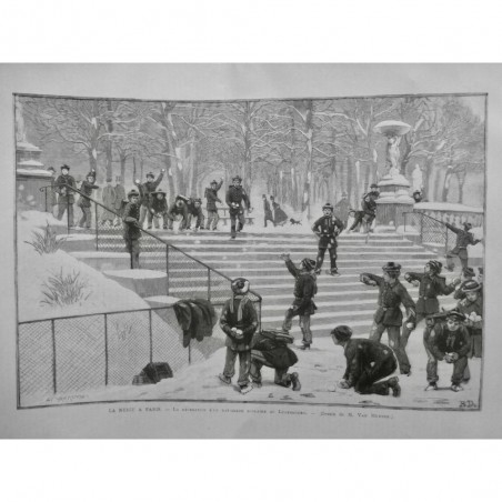 1888 MI PARIS NEIGE HIVER FROID BATAILLE BOULE RECREATION BATAILLON SCOLAIRE