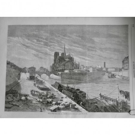 1863 MI NOTRE DAME PARIS VUE NOUVELLE CONSTRUCTION POINTE CITÉ SEINE PENICHE