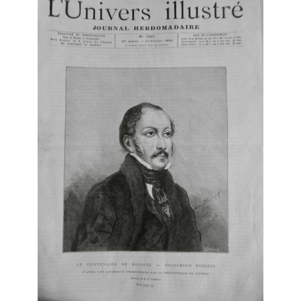 1892 UI ROSSINI GIOACHINO CENTENAIRE PORTRAIT AQUARELLE GRAVURE LEMAIRE