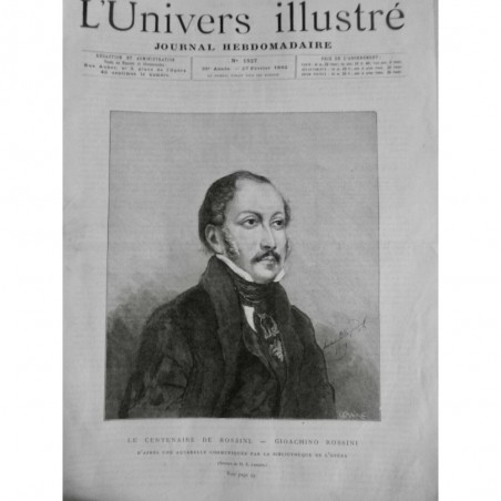 1892 UI ROSSINI GIOACHINO CENTENAIRE PORTRAIT AQUARELLE GRAVURE LEMAIRE