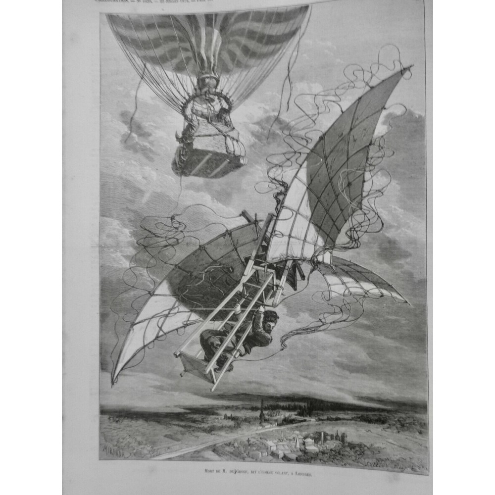 1874 I LONDRES HOMME VOLANT DE GROOF CATASTROPHE BALLON AVION AILES CHUTE