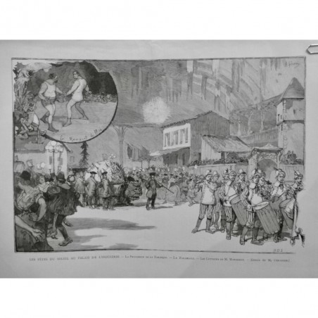 1887 MI FÊTE SOLEIL PROCESSION CHAR TARASQUE MUSIQUE TAMBOUR FLUTE TROMPETTE