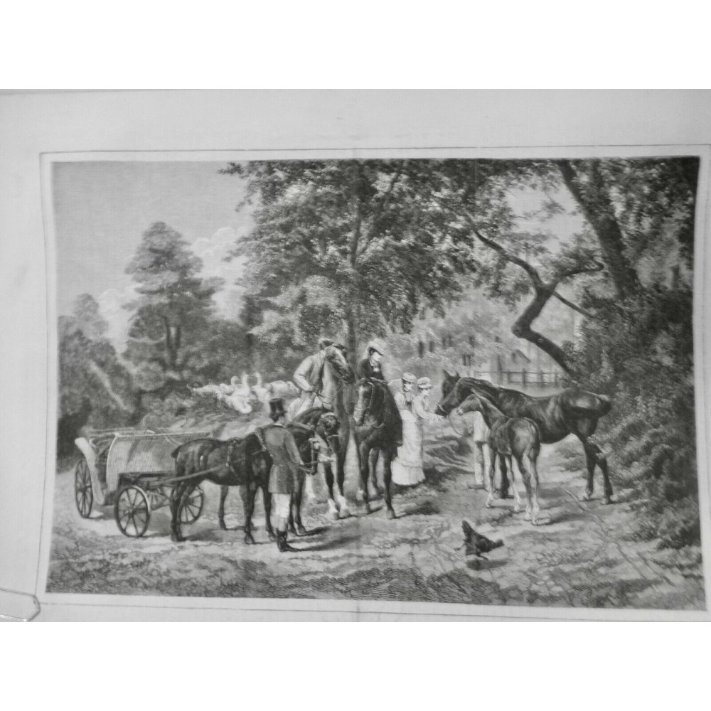 1874 I GOUBIE PEINTRE TABLEAU AIMONS BETES CHEVAL POULAIN SOUS BOIS OIE POULE