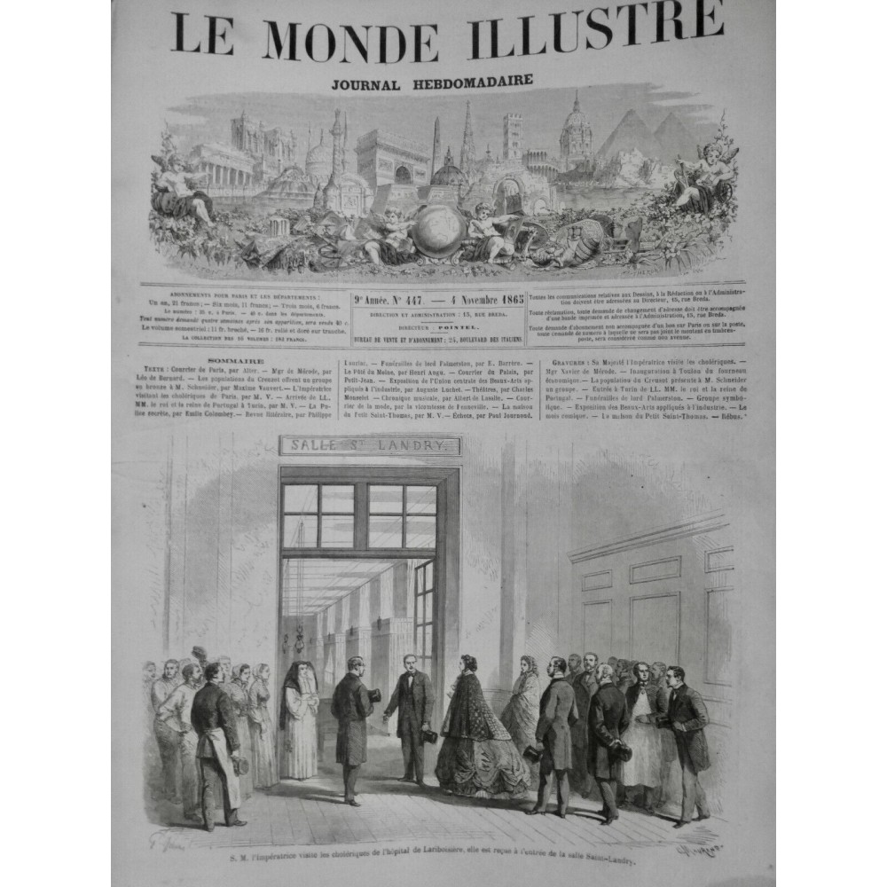 1865 MI CHOLERA HOPITAL LARIBOISIERE VISITE IMPERATRICE CHOLERIQUE SALLE LANDRY