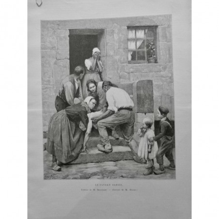 1887 MI PAYSAN BLESSÉ TABLEAU BROUILLET DRAME FEMME ENFANT PLEURES DOCHY