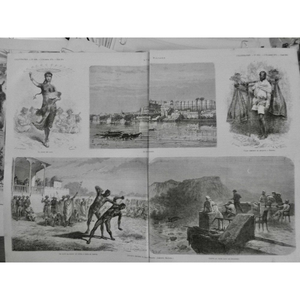 1874 I INDE RAJAHS DANSE OEUFS FAKIR PORTEUR CHASSE TIGRE NACKI KA KOUSTI LUTTE