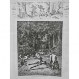 1863 I FORET RIVIERE VOYAGEUR SIESTE ABREUVER CHEVAUX