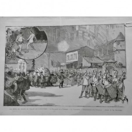 1887 MI FETE SOLEIL DECORS PROMENADE TARASQUE CORTEGE CHAR ORCHESTRE LUTTEUR