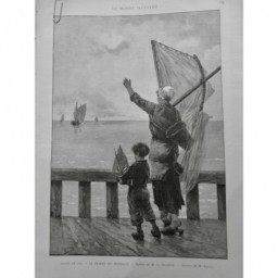 1887 MI FEMME MATELOT TABLEAU HAQUETTE MER QUAI BATEAU DEPART ENFANT SEPARATION