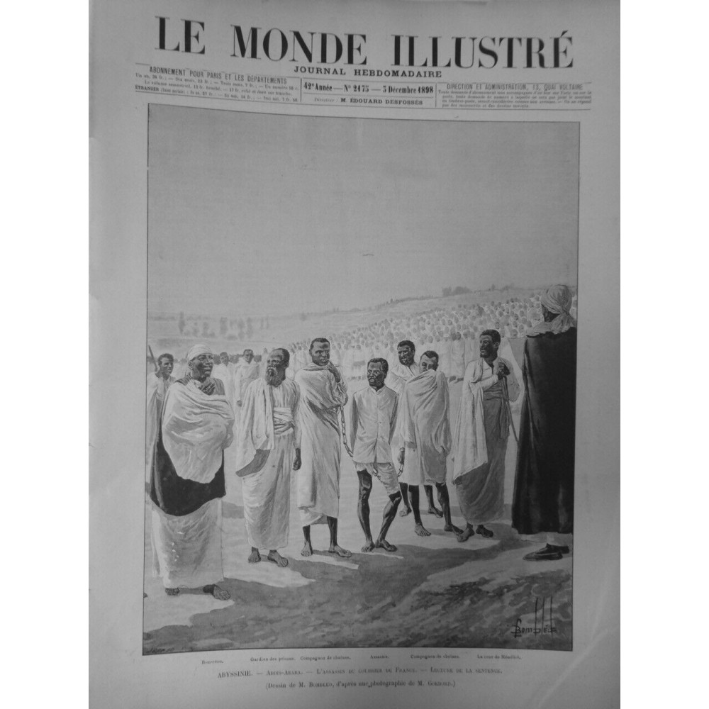 1898 ABYSSINIE ETHIOPIE ADDIS ABABA ASSASSIN COURRIER FRANCE LECTURE SENTENCE