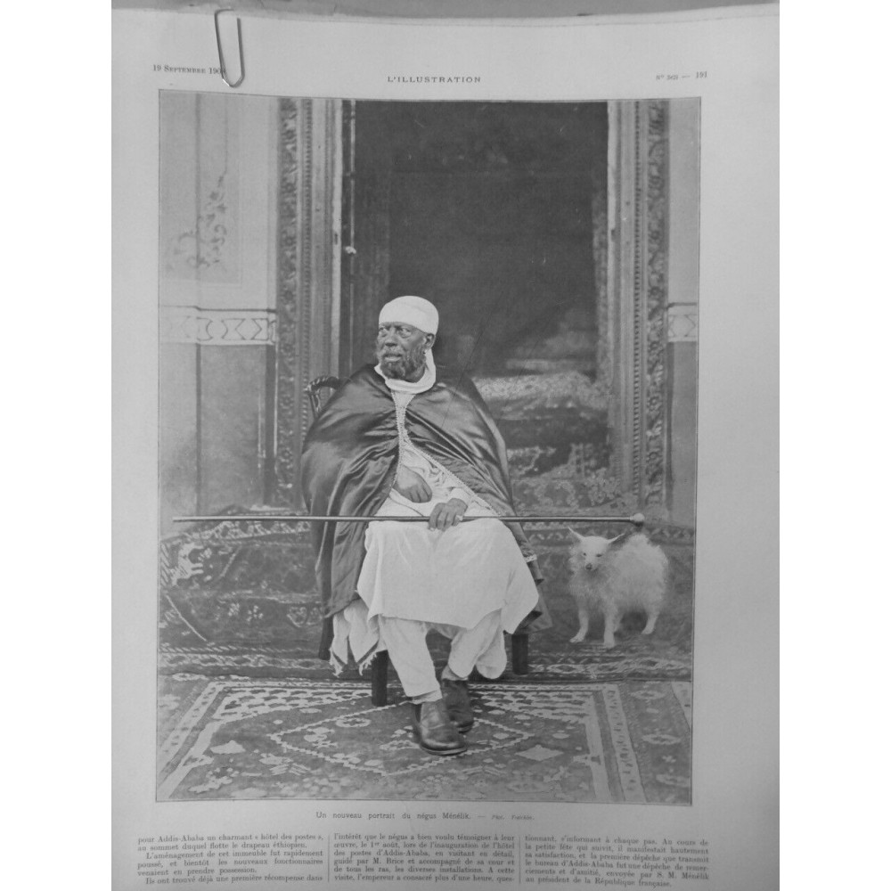 1908 ABYSSINIE ETHIOPIE NEGUS MENELIK PORTRAIT FAUTEUIL CHIEN PHOTO TREICHLER