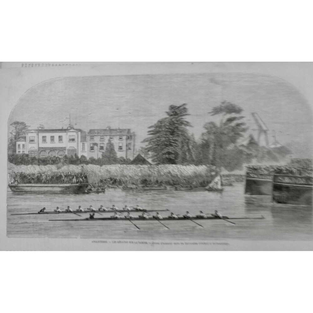 1870 I ANGLETERRE REGATE TAMISE COURSE UNIVERSITE OXFORD CAMBRIDGE PIROGUE RAMEU