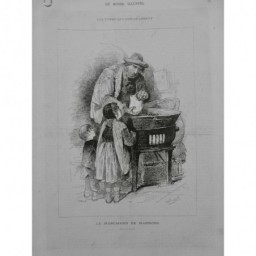 1872 MI MARCHAND MARRON POELE FEU CHATAIGNE CHAUDE CHALEUR ENFANT DESSIN BERTAIL