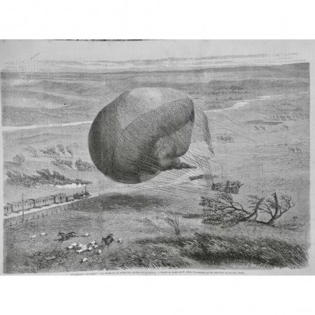 1863 I ACCIDENT BALLON LE GEANT NIMBOURG CHEMIN FER RAIL TRAIN NACELLE ARBRE