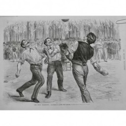 1872 MI PARIS JARDIN TUILERIES JEUX PARTIE BALLON JEUNE HOMME SPECTATEUR LANCON