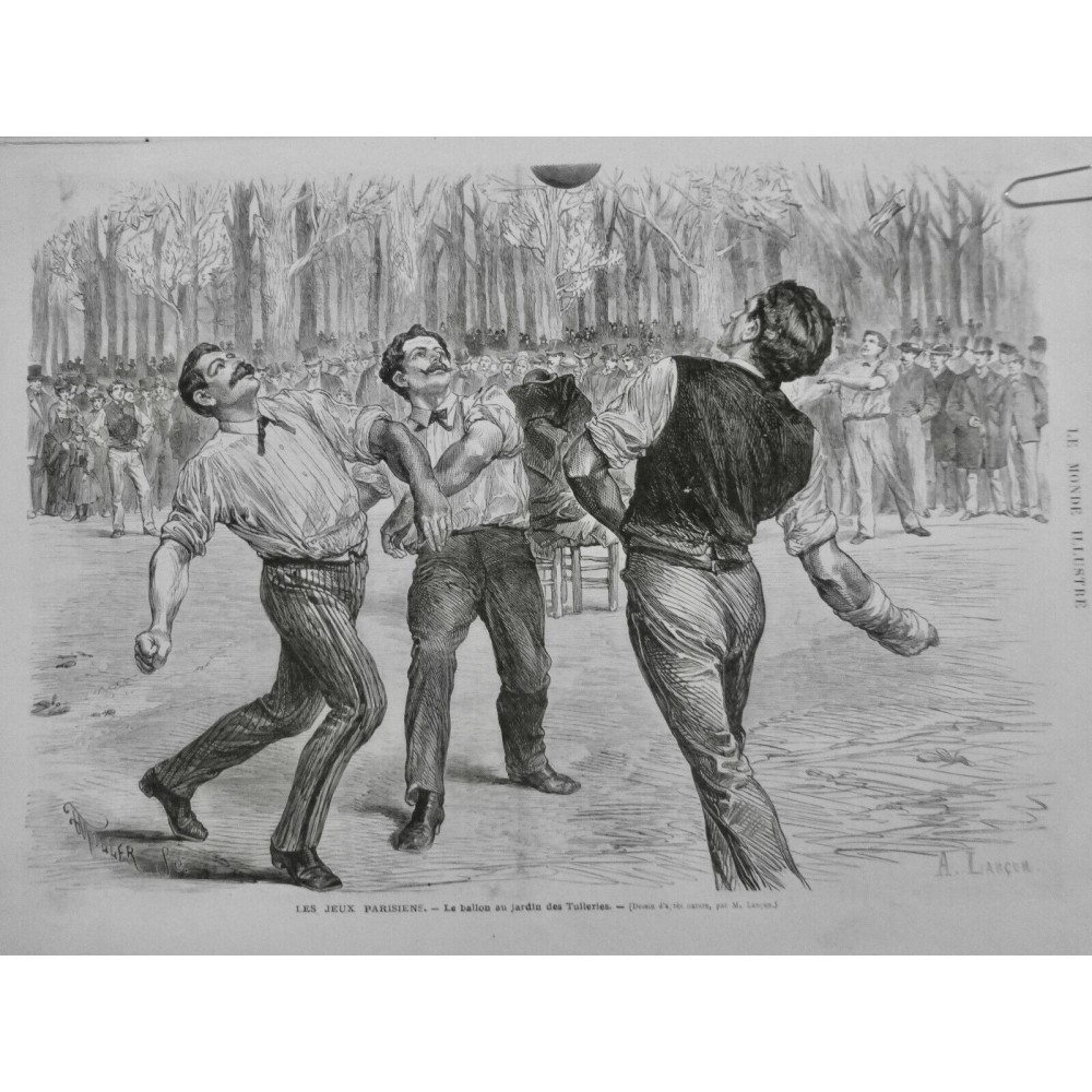 1872 MI PARIS JARDIN TUILERIES JEUX PARTIE BALLON JEUNE HOMME SPECTATEUR LANCON