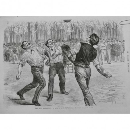 1872 MI PARIS JARDIN TUILERIES JEUX PARTIE BALLON JEUNE HOMME SPECTATEUR LANCON