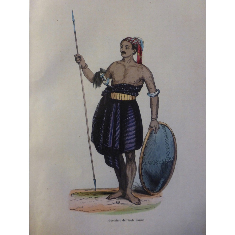 1846 GRAVURE ILE SAWOE SAVU INDONESIE GUERRIER BOUCLIER LANCE