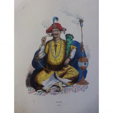 1846 GRAVURE INDE RAJAH RADJA SOUVERAIN NARGUILÉ