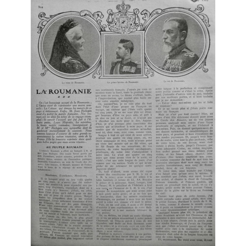 1912 LA ROUMANIE ROI REINE PRINCE ATHENÉE BANQUET RICHEPIN OPERA COBZAR