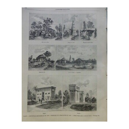 1888 UI PARIS EXPOSITION UNIVERSELLE HABITATIONS DESSIN FICHOT