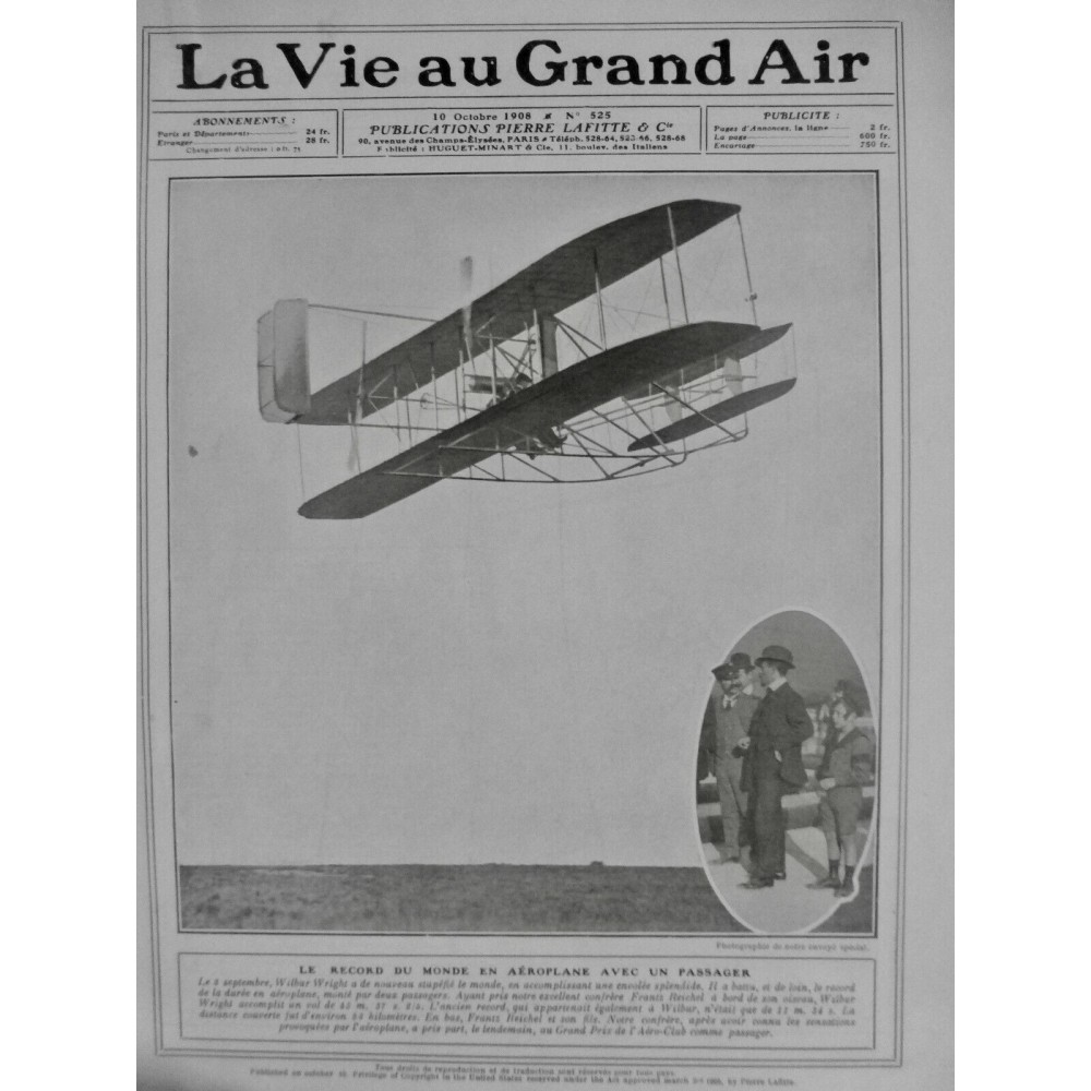 1908 VAGA AVIATION WRIGHT WILBUR RECORD MONDE DUREE PASSAGER