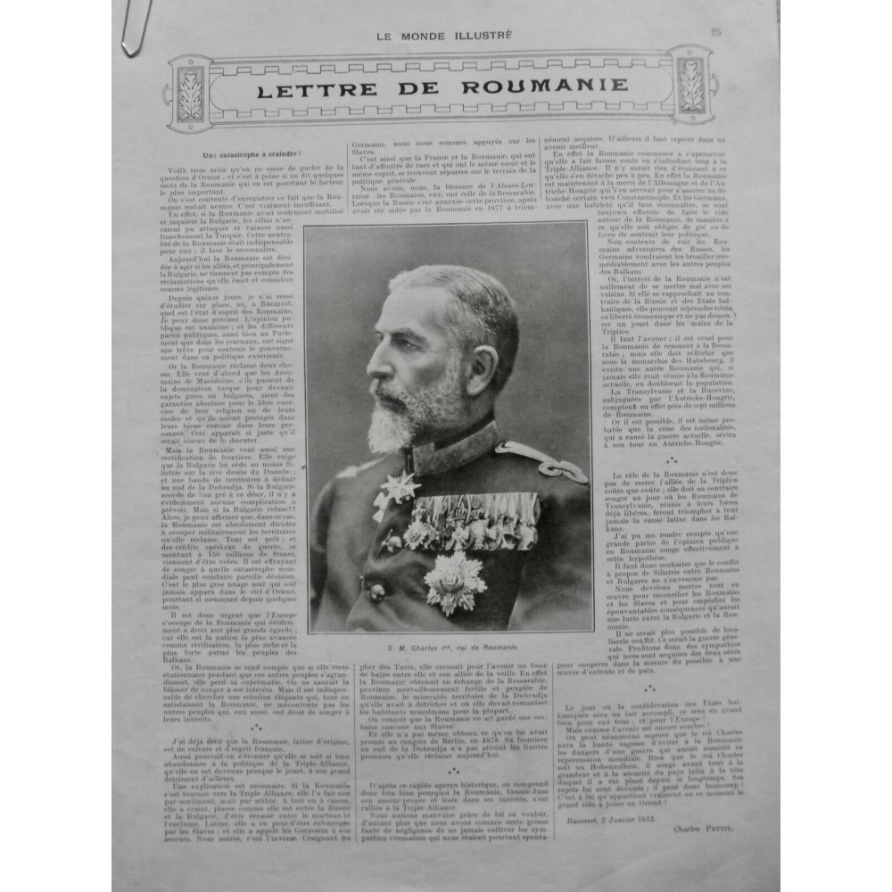 1913 MI ROUMANIE ROI CHARLES 1ER POLITIQUE EUROPE INTERETS BULGARIE SILISTRIE