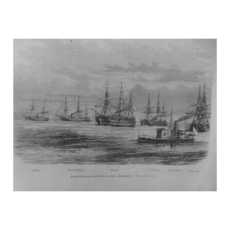 1873 MI PRINCIPAUX NAVIRES FLOTTE ALLEMANDE DESSIN M.CAULA