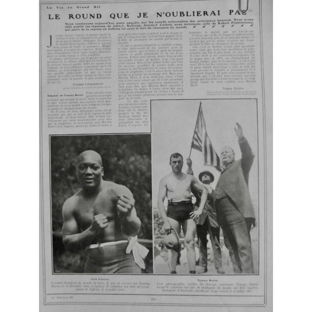 1910 VAGA BOXE BOXEURS JACK JOHNSON TOMMY BURNS CHAMPION AUSTRALIE