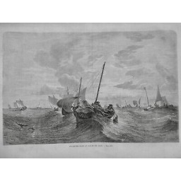 1860 UI PECHEUR PECHE GOLFE LION EMBARCATION VOILE VAGUE HOULE MOUETTE