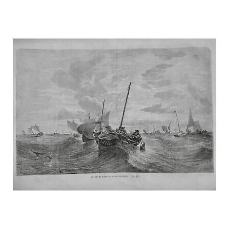 1860 UI PECHEUR PECHE GOLFE LION EMBARCATION VOILE VAGUE HOULE MOUETTE