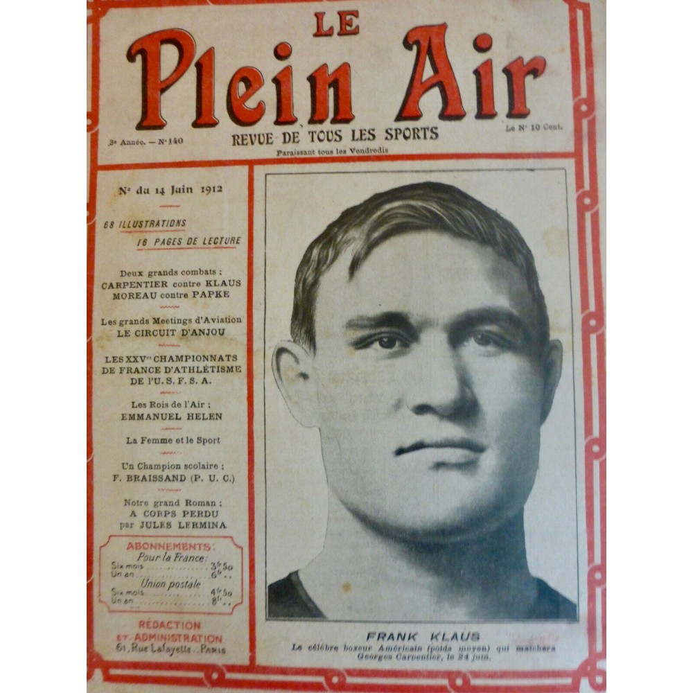 1912 PA BOXE BOXEUR AMERICAIN FRANCK KLAUS MATCH CARPENTIER