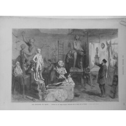 1879 MI COULISSES SALON ATELIER CHAPU STATUE LE VERRIER DESSIN CLAVERIE