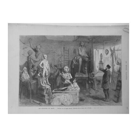 1879 MI COULISSES SALON ATELIER CHAPU STATUE LE VERRIER DESSIN CLAVERIE