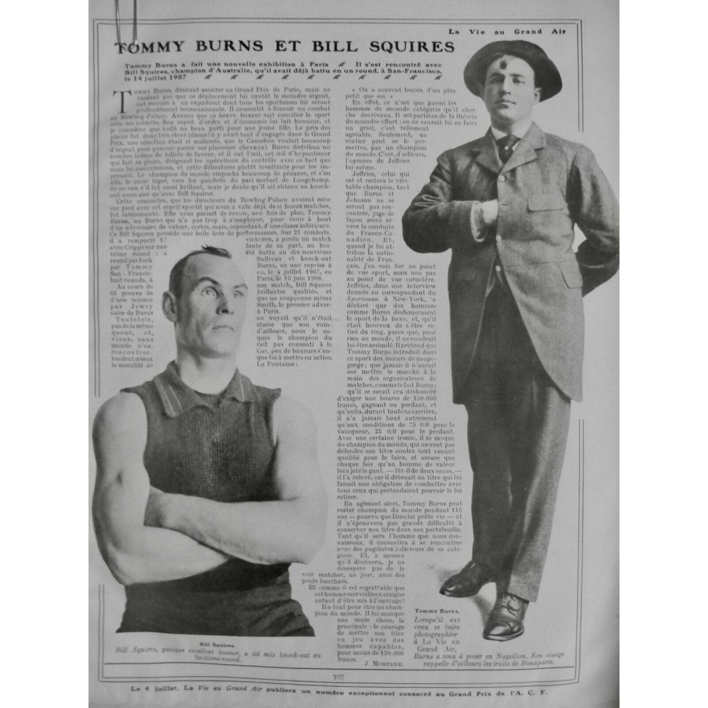 1908 VAGA BOXE BOXEUR TOMMY BURNS BILL SQUIRES RENCONTRE COMBAT PARIS