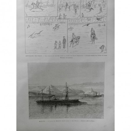 1885 MI MARINE AVISO RENARD PERDU MER ROUGE DESSIN DREE CHASSE FAUCON FORET