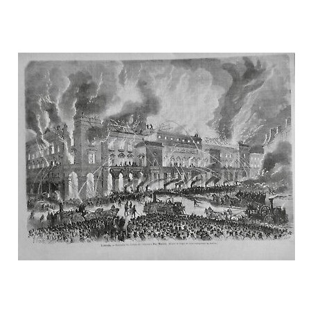 1867 MI INCENDIE FEU LONDRES THEATRE OPERA HAY MARKET SECOURS POMPIER EAU