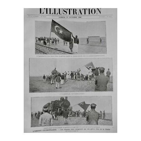 1908 I TURQUIE EMPIRE OTTOMAN CITOYEN TURC GREVE LIBERTE DRAPEAU ARRET TRAIN