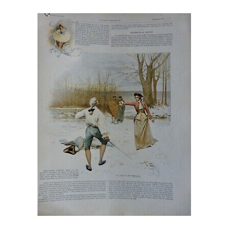 1894 I ESCRIME DUEL HOMME FEMME MLLE MAUPIN MAÎTRE D ARME NEIGE FROID